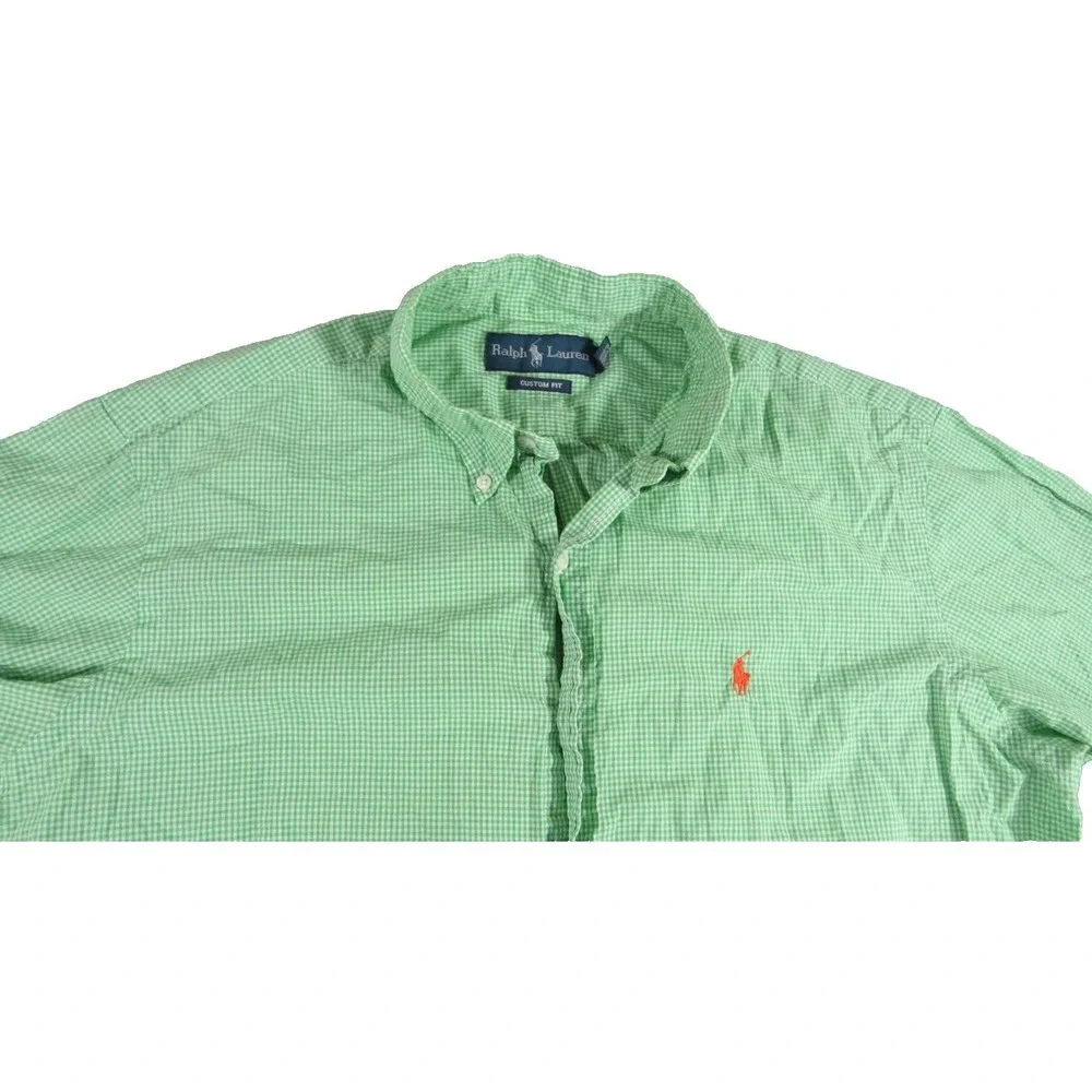 Polo Ralph Lauren Shirt Men L Green White Gingham Check Custom Fit Orange Pony